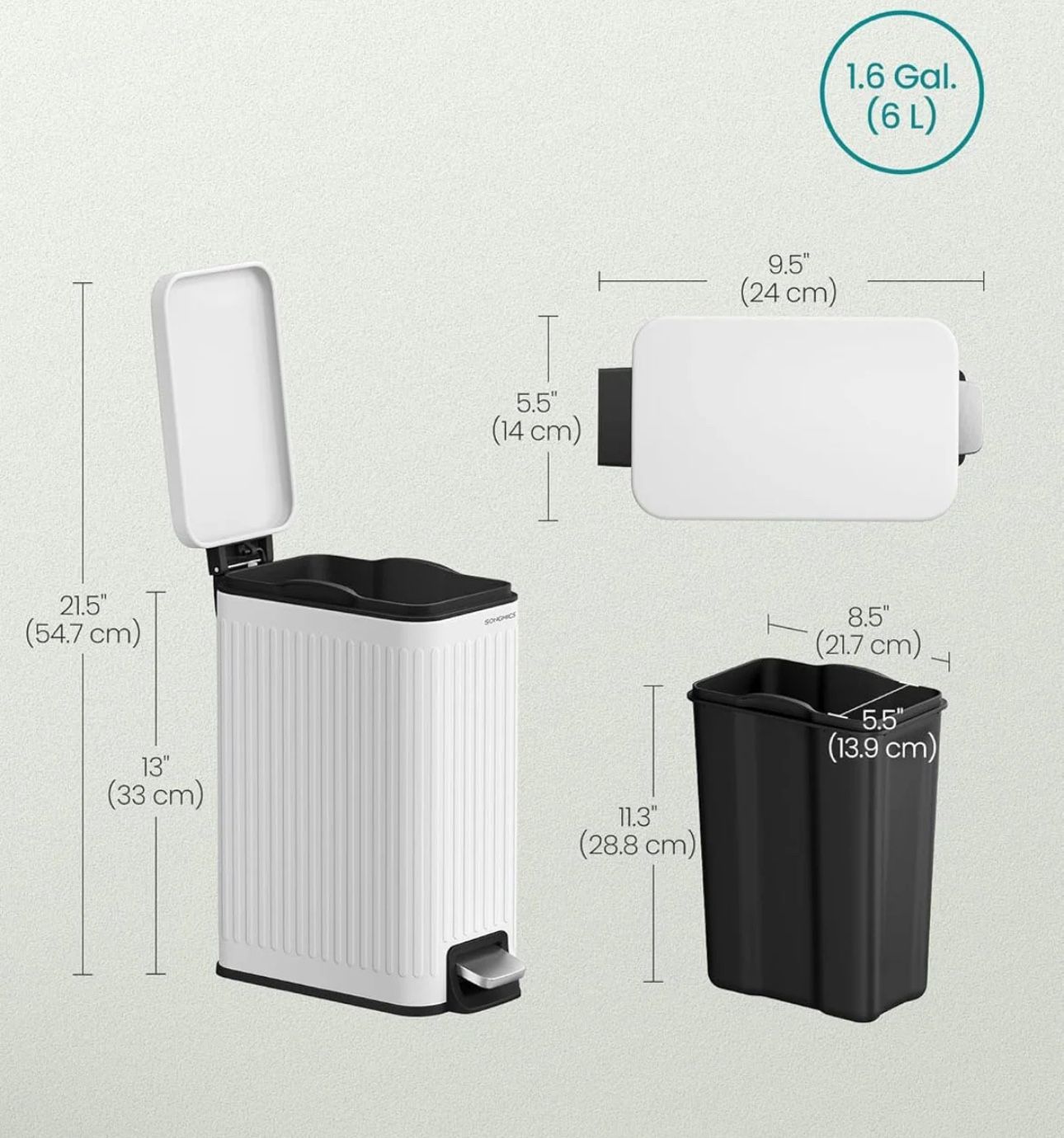 SONGMICS Bathroom Trash Can 1.6-Gallon (6 L) Trash Bin with Lid - White ***open box***
