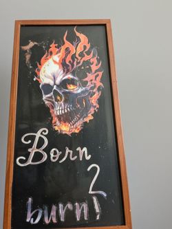 Born 2 Burn Flaming Skull Framed resin trinket /  rolling tray