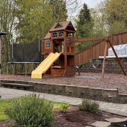 Large Cedar Playground Set with Double Slide, Swings & Fort