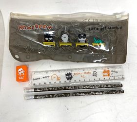 Vintage 1997 Sanrio Badtz Maru Homeroom Pencil Pouch Set Ruler Pencils Sharpener
