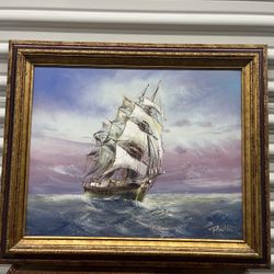 Beautiful Original Framed Ship Painting Signed By Baille