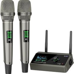 BASN UHF Wireless Dual Microphone System, Portable Rechargeable Mic and Mini Receiver with EQ/Reverb for Karaoke, Outdoor Events, Small Stage, Travel