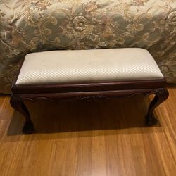 Vintage Carved Wood Upholstered Bench – Chippendale Style – Ball & Claw Feet