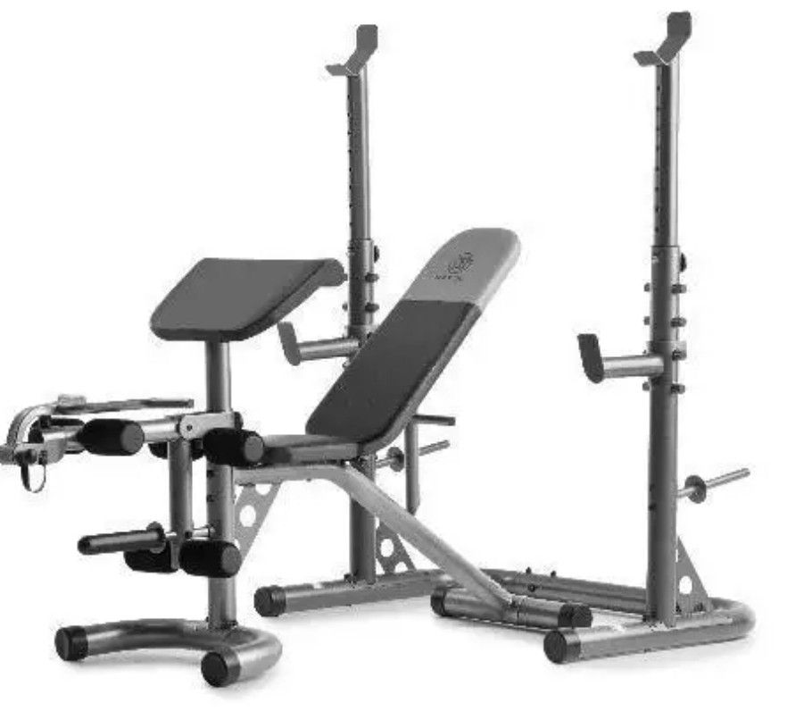 Best Offer!! Gold's Gym XRS 20 Adjustable Olympic Workout Bench with Squat Rack, Leg Extension, Preacher Curl, and Weight Storage, Bench Press(Used)