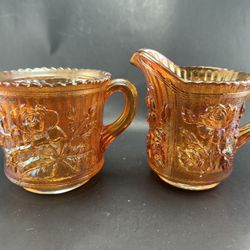 Vintage Imperial Carnival Glass Marigold Rose & Vine Sugar Bowl & Creamer 2 Piece Set