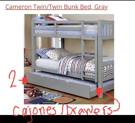 Trundle With 2 Drawer Storage/Litera de Madera GRIS con cajones