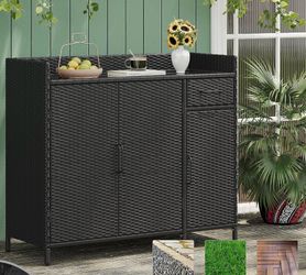 Newly Assembled Outdoor Rattan Buffet Cabinet Tempered Glass Desktop Wicker Patio Sideboard