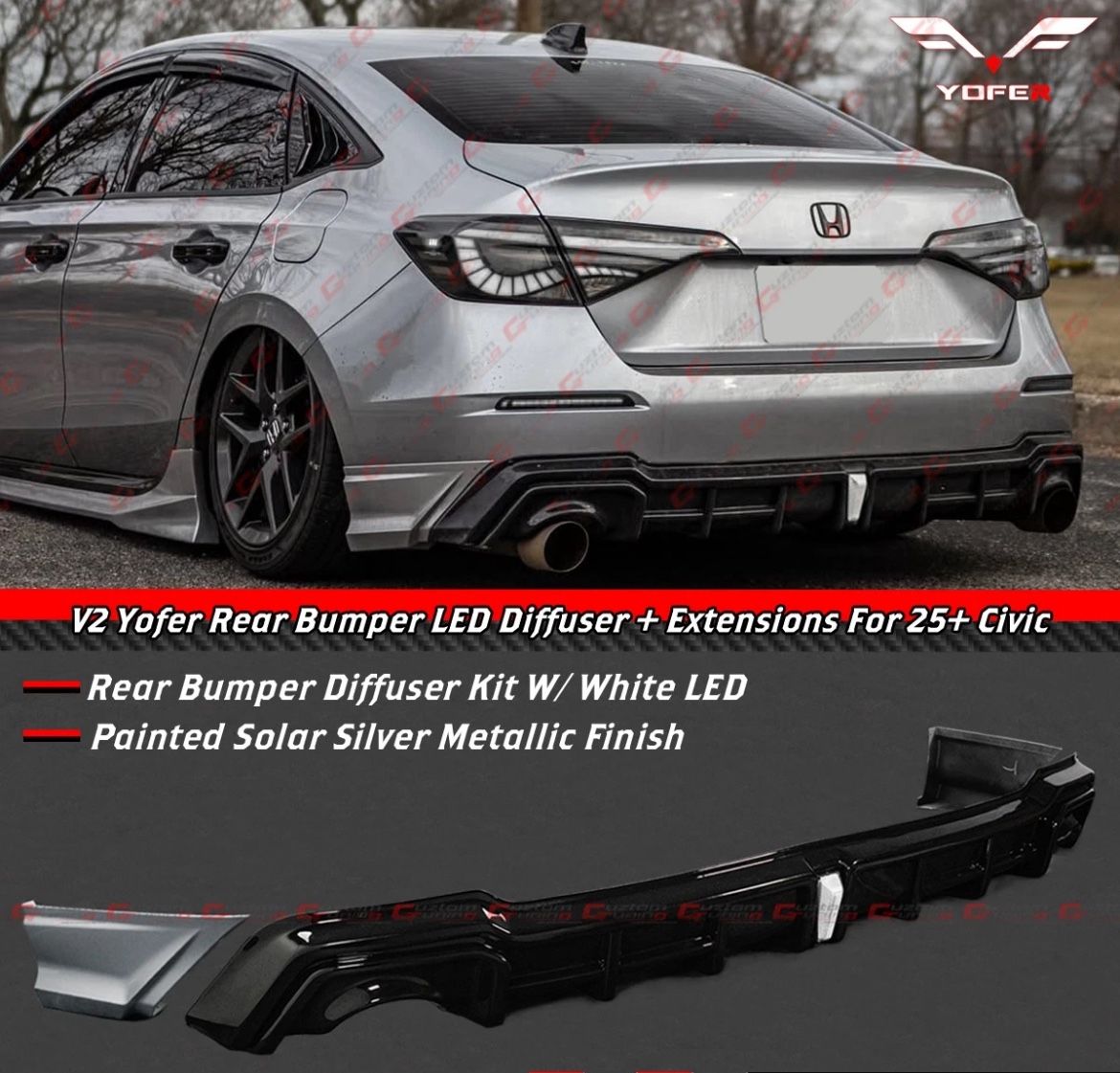 25-26 Honda Civic Sedan Solar Silver Rear Diffuser W/ White LED