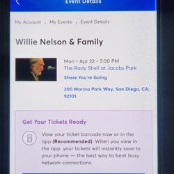 Willie Nelson Tickets 4/22 San Diego X 4