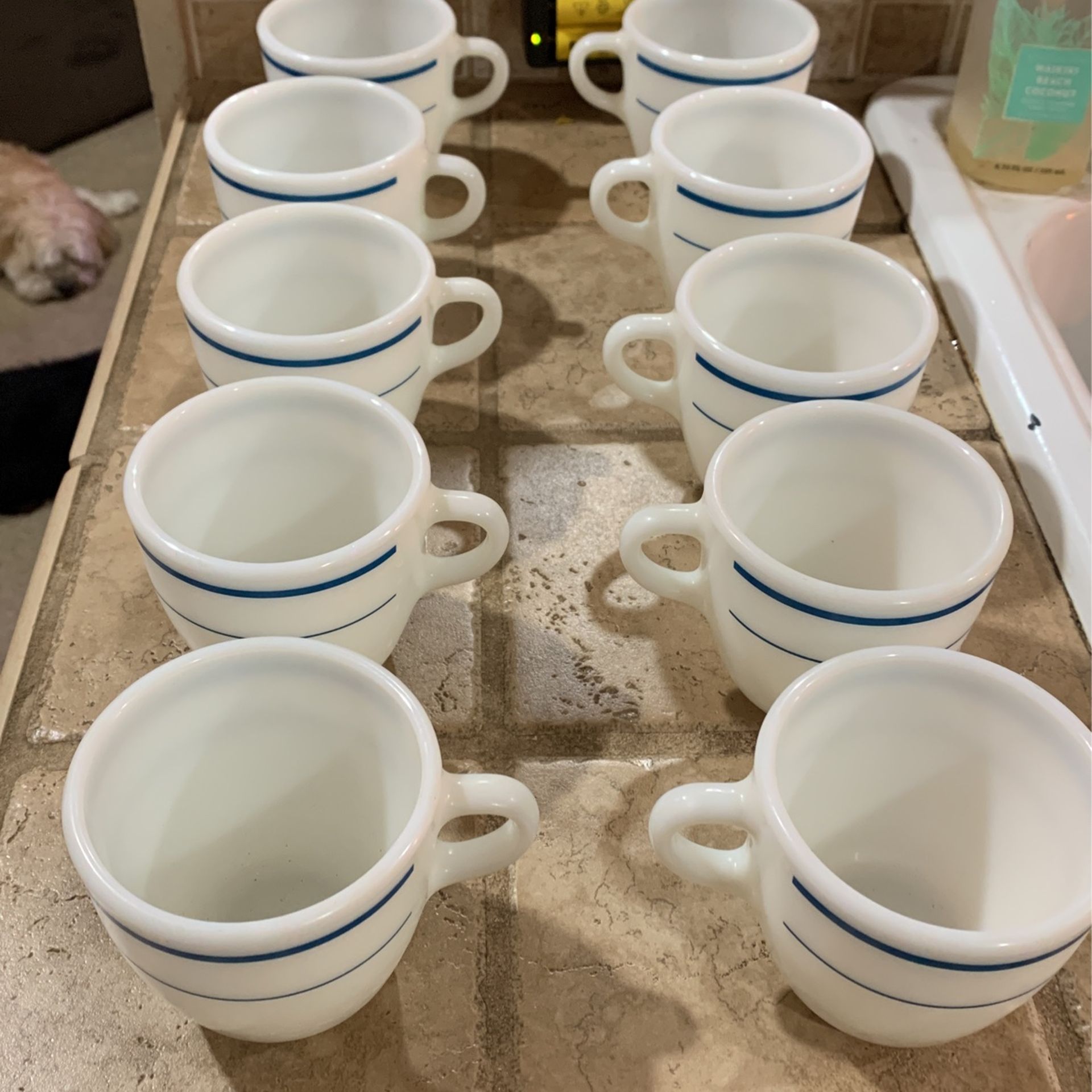 10 Vintage Pyrex White Milk Glass Coffee Cups Mugs Corning Blue Stripe Band 723-21 USA