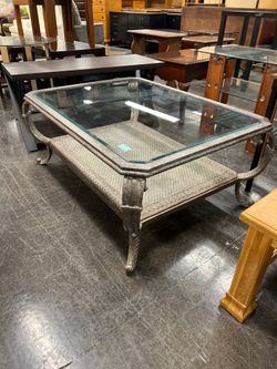 Ornate Silver-Toned Metal & Glass Coffee Table with Lower Shelf