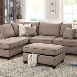 Brand New Mocha Sectional Sofa With Storage Ottoman 