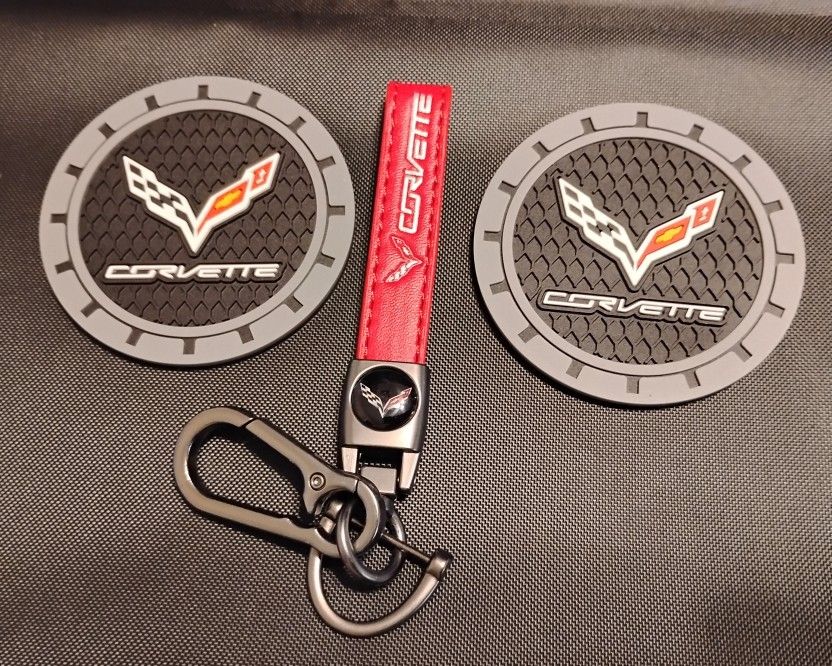 Corvette Keychain and Cup Coasters NEW