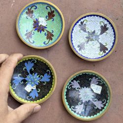 Vintage Chinese Cloisonné Floral Trinket Dishes Set of 4 – Colorful Enamel 3.75”