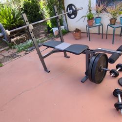  Bench, Bar, Weights, Dumbbells