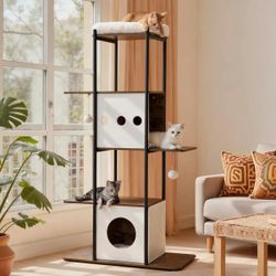 cat tree is constructed with a black steel frame and rustic brown wood-grain panels. This multi-level tower has two white enclosed caves, a plush top