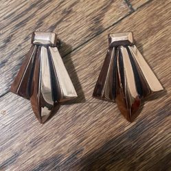 Clip On Earrings LRG Fan Shaped Brass Tone VTG Art Deco Renoir Earrings Signed