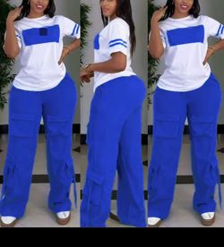 Chic Blue and White 2-Piece Cargo Pants and T-Shirt Set