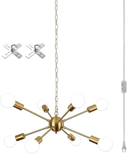 LASENCHOO 8 Lights Plug in Chandelier Gold, Sputnik Hanging Lights Fixture