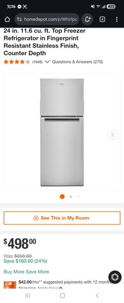 Whirlpool
24 in. 11.6 cu. ft. Top Freezer Refrigerator in Fingerprint Resistant Stainless Finish, Counter Depth
