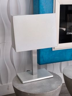 Modern Brushed Nickel Table Lamp with White Shade For Sale!
