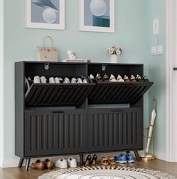 Latitude run Shoe Storage Cabinet with 4 Flip Drawers, Modern Freestanding Organizer with Adjustable Shelf, Narrow Shoe Rack Cabinet for Entryway, Bla