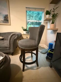 Set of 3 Grey upholstered counter height swivel chairs
