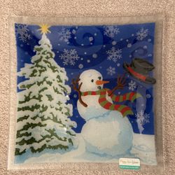 Peggy Karr Fused Glass 10” Windy Snowman Square Plate