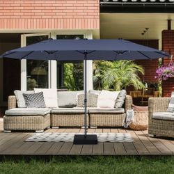 15 Ft Patio Double-Sided Umbrella with Base, Outdoor Extra Large Market Umbrella with Crank Handle for Camping, Swimming Pool, Outdoor Twin Ta