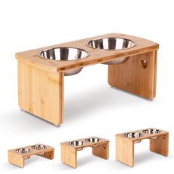 Elevated Dog Bowls, Bamboo Raised Dog Bowl For Medium Dogs, With 2 Stainless Steel Bowls (7'' Tall-40 Oz Bowl, Natural)