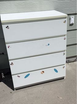 Full sized bed, mattress and white dresser