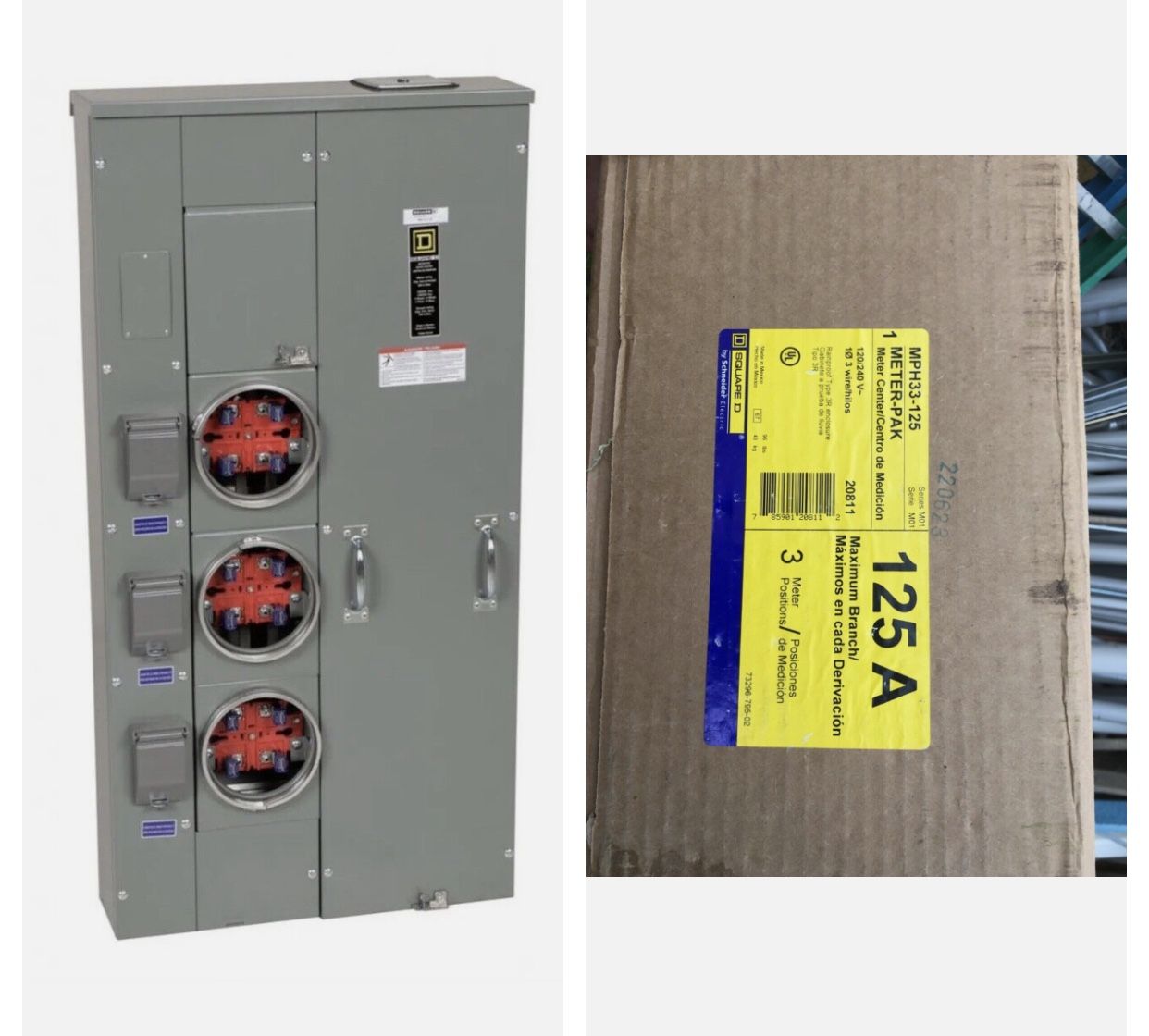 Brand New Square D MP33125 Ring Type 125A / 300 Amp Feed w/3 Gang Meter Socket
