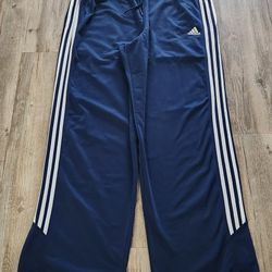  Adidas Mens Track Pants  XL Blue White 3-Stripe Wide Leg Baggy drawstring.