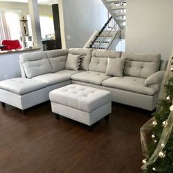 Brand New Light Grey Linen Sectional Sofa +Storage Ottoman (New In Box) 