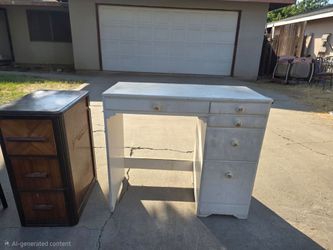 Vintage White Painted Wood Desk And Wooden Cabinet