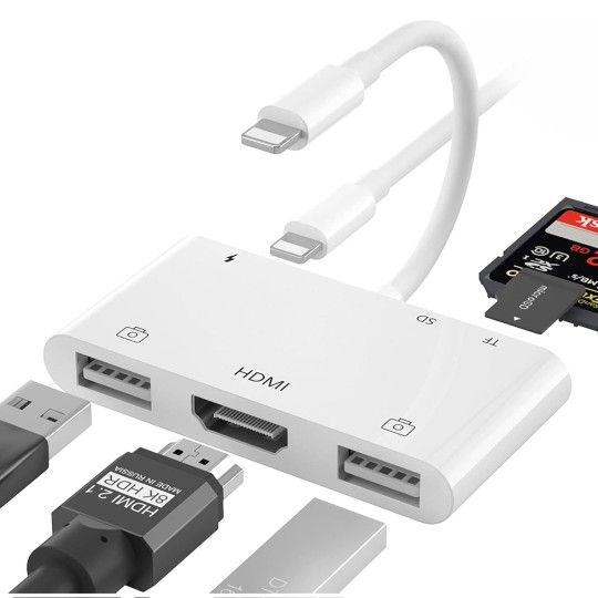 Lightning to HDMI Adapter for iPhone, 6 in 1 TF & SD Card Reader with Charging Port, HDMI Adapter to TV /Monitor/Projector/USB Drive/MIDI /Keyboard/Mo