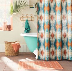 Opalhouse Jungalow Geometric Shower Curtain Cotton  Teal Beige Orange 72X72