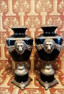 Classic Hollywood Regency Floor Urns Neoclassical Lion Head Vases  33.5" Tall