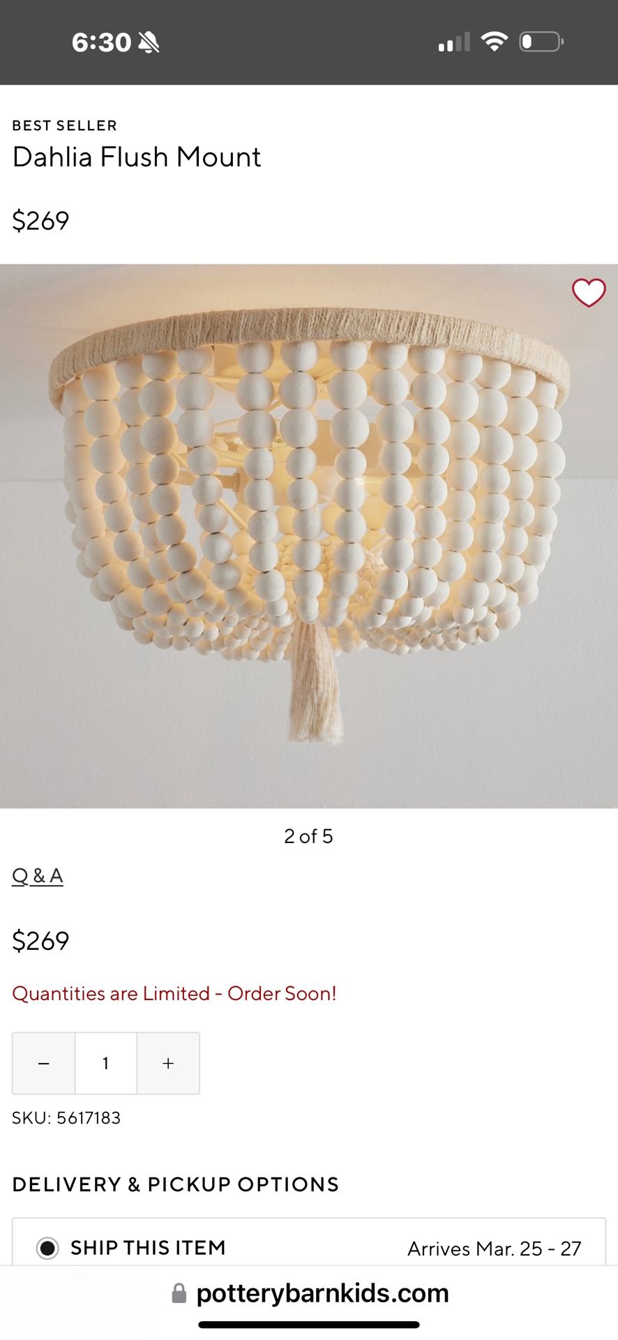 Pottery Barn Dahlia Wood Bead Flush Mount Pendant Light