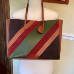 Authentic Ralph Lauren Made In Italy Tote Bag Suede & Leather Diagonal Stripe