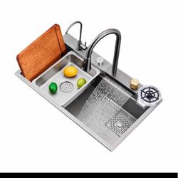 Workstation Undermount Sink Kitchen Sink, 304 Stainless Steel Waterfall Sink, Square 5-Hole Sink Workstation, Tabletop Controls With Pull-Out Faucet 3