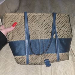 Coach Signature Canvas Blue Stripe Tote Shoulder Bag