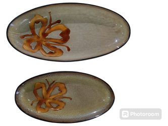 RETIRED Set Of 2 PIER 1 IMPORTS  Kioko Oval  Stoneware Serving Trays Dishes 12.5" & 15.5" 