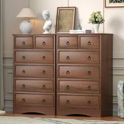 Set of 2 Dresser for Bedroom Tall, Mid Century Modern 6 Drawer Dresser, Cherry Wood Chest od Drawer with Large Storage for Clothes, Vintage, for Livin