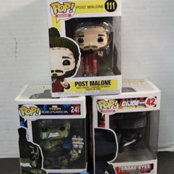 Funko Pop Lot; Post Malone 111, Hulk 241, and GI Joe Snake Eyes 42