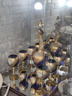 24 Kt. Gold on Cobalt Blue Murano Glass Decanter Set