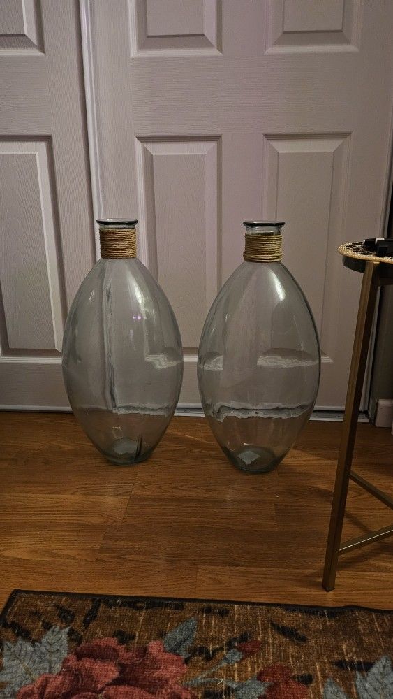 X2 Tall Green Glass Decorative Vases