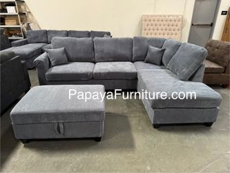 NEW Dark Grey Fabric Sectional Sofa and Chaise Lounge Set with FREE STORAGE OTTOMAN Ashley Style Discount BIG Modern Couch Clearance SALE Many Color