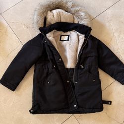 Girls Size 8 Zara Black Jacket With Faux Fur Hoodie 