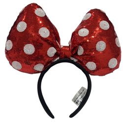 Disney Parks Red White Sequin Polka Dot Oversized Minnie Bow Ears Headband